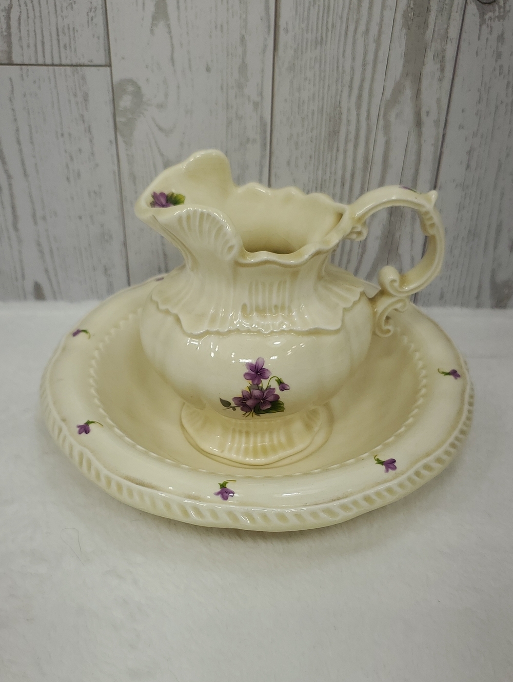 Cream Ceramic Pitcher & Basin Set with Purple Floral Accents